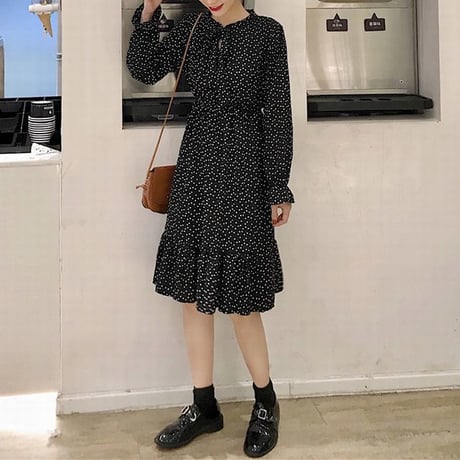 レディース 長袖ワンピース ミモレ丈 ドット柄 ワンピース フレア リボン 韓国ファッション オルチャン (DCT-587243195150)