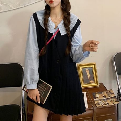 セットアップ ブラウス ＋ ベストワンピース プリーツ フロントボタン 韓国ファッション レディース 2点セット 大人可愛い ガーリー フェミニン レトロ DTC-641172143458
