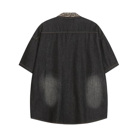 デニム シャツ ヒョウ柄 レオパード柄 ヴィンテージ風 ブラウス オーバーサイズ パッチワーク トップス 半袖 レトロ カジュアル ストリート女子 DTCA-913218800471