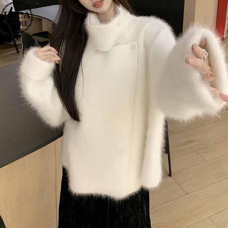 ファーニット フェイクミンクファー ハイネック ニットカーディガン ニットセーター 長袖 ルーズ レトロ 韓国ファッション レディース 大人可愛い ガーリー DTC-759611799819