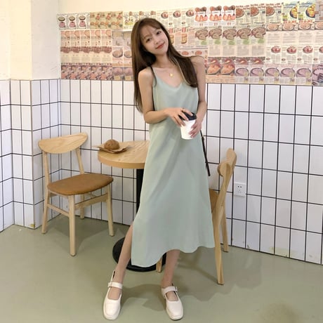 キャミワンピース ロング丈 ノースリーブ ルーズウエスト スリット 韓国ファッション レディース スリングワンピース 大人可愛い ガーリー DTC-641050941433