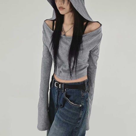 フーディー オフショルダー カットオフ クロップド丈 薄手 パーカー ロンT トップス カットソー スリムフィット 長袖 レトロ 大人可愛い ガーリー カジュアル DTCA-863079563264