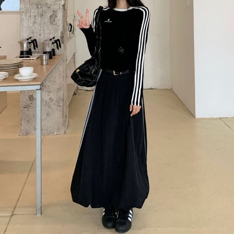 セットアップ サイドライン ロゴ トップス ロングスカート スリムフィット ロンT 長袖 レトロ 韓国ファッション レディース スポーツミックス カジュアル DTC-827098089125