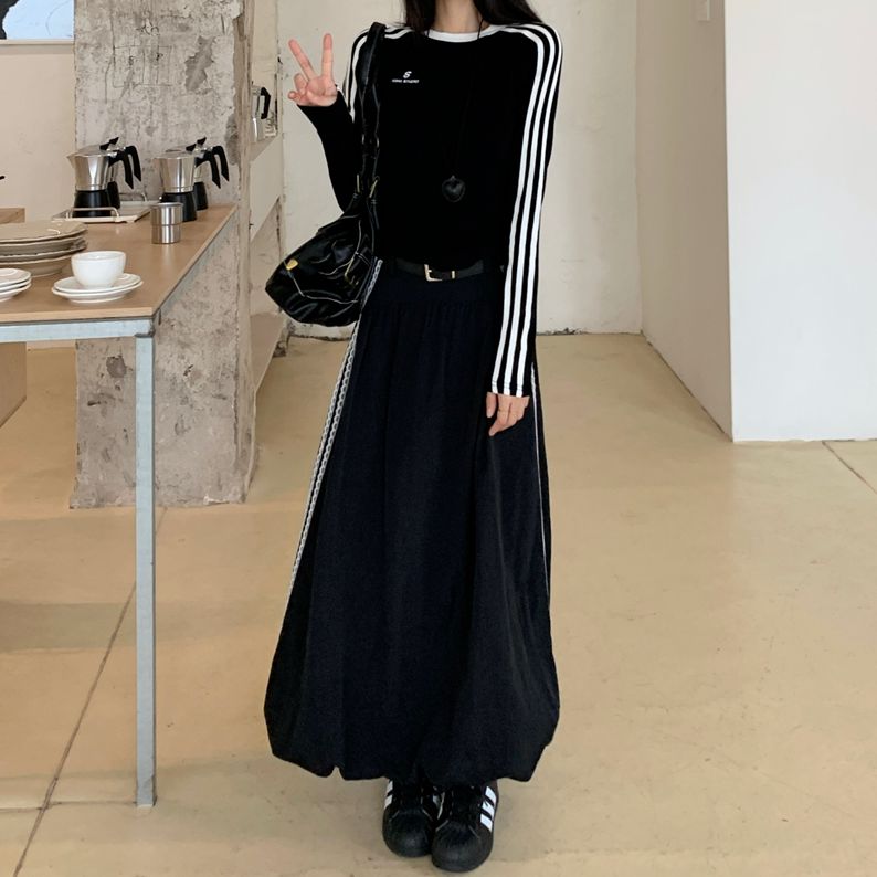 セットアップ サイドライン ロゴ トップス ロングスカート スリム 