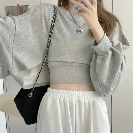 セットアップ クロップド丈 トレーナー クロップドトップス キャミソール ショート丈 長袖 韓国ファッション レディース カジュアル 大人可愛い ガーリー DTC-652092080368