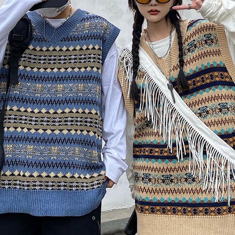 ユニセックス ニットベスト フェアアイル柄 Vネック ゆったり ルーズ オーバーサイズ 韓国ファッション レディース メンズ カジュアル レトロ DTC-653922588077