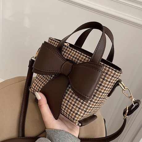 2WAY ハンドバッグ ショルダーバッグ ミニバッグ 千鳥格子 リボン チェック柄 バッグ 鞄 レトロ ホワイト ブラック ブラウン DTC-631010281178