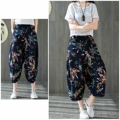 レディース ボトムス レトロプリントコットンパンツ ランタンパンツ ウエストゴム ゆったりシルエット (DCT-587705039593)