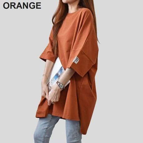 tシャツ 半袖 ロングtシャツ ゆったり ビッグシルエット 5分袖 トップス プルオーバー 体型カバー 無地 レトロ 大人可愛い ガーリー カジュアル DTCA-777303955560