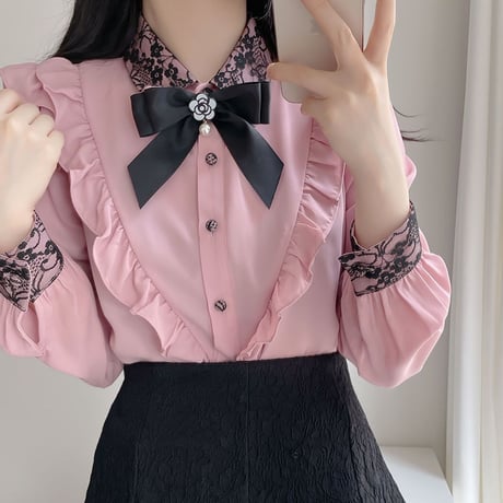 フリルブラウス ブローチ リボン フリル レース ブラウス 長袖 韓国ファッション レディース レトロ 大人可愛い ガーリー フェミニン DTC-654870022966