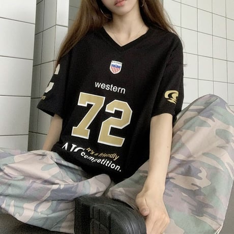 Tシャツ ユニフォーム風 Vネック オーバーサイズ トップス ビッグシルエット 半袖 レトロ 韓国ファッション レディース 大人可愛い ガーリー スポーツミックス DTC-802799667904