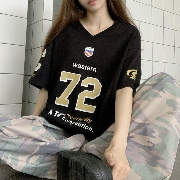 Tシャツ ユニフォーム風 Vネック オーバーサイズ トップス