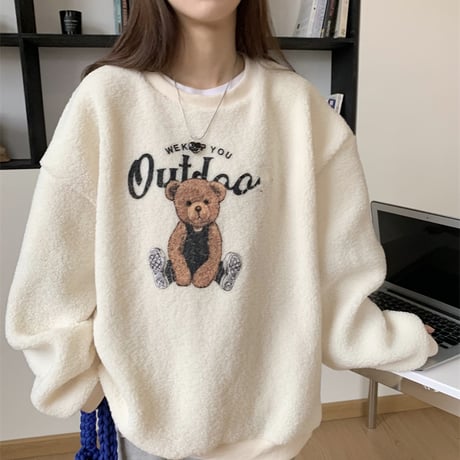 ボアトレーナー クマ ベア もこもこ トレーナー ボア オーバーサイズ 長袖 レトロ 韓国ファッション レディース 大人可愛い ガーリー カジュアル DTC-661335539781