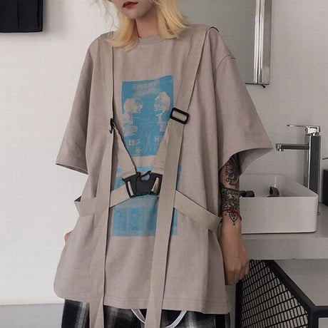 ストラップ付き Tシャツ 半袖 ルーズ 韓国ファッション レディース トップス ゆったり 大きめ カジュアル ストリートファッション DTC-641557398016