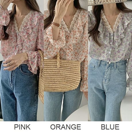 花柄 ブラウス レース フリル Vネック シフォン シャツ トップス ゆったり ルーズ 長袖 レトロ 大人可愛い ガーリー フェミニン DTCA-945596197065