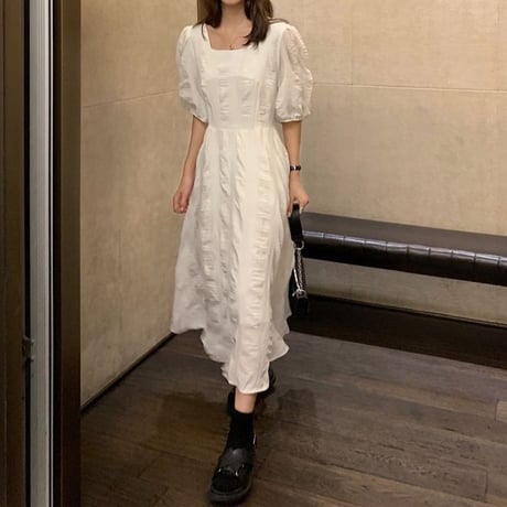 ワンピース スクエアネック パフスリーブ ハイウエスト ロングワンピース 半袖 レトロ 韓国ファッション レディース 大人可愛い ガーリー DTC-676093840245