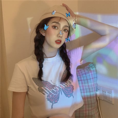 バタフライ Tシャツ クロップド丈 蝶 カットソー トップス 半袖 ショート丈 かわいい カジュアル 韓国ファッション レディース 大人可愛い ガーリー DTC-615322969295