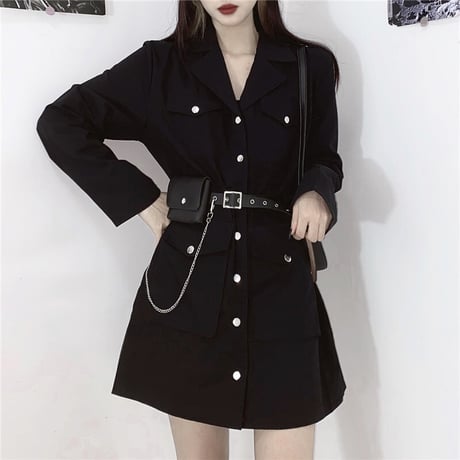 ワンピース ベルト付き ポケットチェーン ジャケット風 韓国ファッション レディース シングルブレスト ハイウエスト ガーリー DTC-624889485862