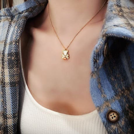 ネックレス チェーン付き 金属アレルギー対応 クマ ベアー ハート ペンダント アクセサリー チタン メッキ シンプル ジュエリー DTCA-638613877827