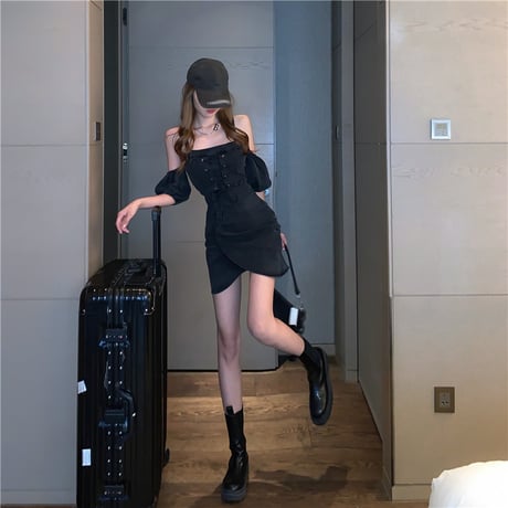 デニム ワンピース 絞り上げ 半袖 ハイウエスト パフ袖 韓国ファッション レディース 大人可愛い ガーリー DTC-643037180623