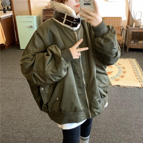 ボアカラーブルゾン MA-1 ネックベルト オーバーサイズ ラムウール 韓国ファッション レディース ジャケット ブルゾン アウター 防寒 ボア カジュアル DTC-628885333328