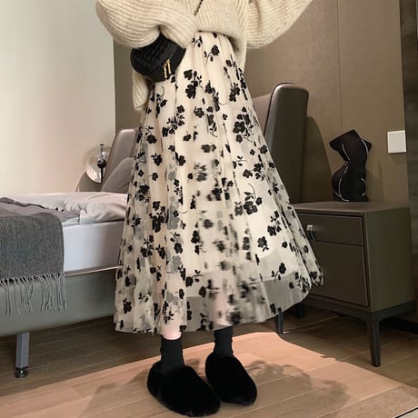 花柄チュールスカート レース ギャザー ロング丈 ハイウエスト ウエストゴム 韓国ファッション レディース プリーツスカート 大人可愛い ガーリー フェミニン DTC-632675803518