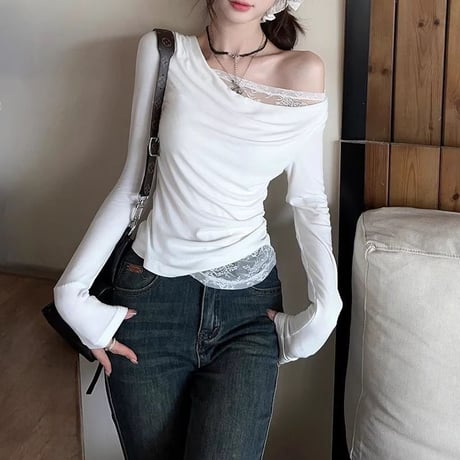 レース付き Tシャツ ワンショルダー スリムフィット ロンT トップス カットソー 長袖 レトロ 大人可愛い ガーリー DTCA-849082361382