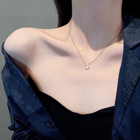 ネックレス ホースシュー 馬蹄 CZ 金属アレルギー対応 チェーン付き U字 ペンダント アクセサリー チタン メッキ シンプル ジュエリー DTC-a652504161020
