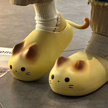 ネコ 尻尾付き スリッパ 23.0～25.0cm インナーボア 猫 ルームシューズ 防寒 EVA もこもこ 軽量 暖かい かわいい 韓国ファッション レディース DTC-740844337006
