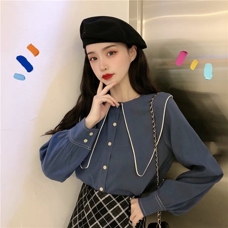 ブラウス シャツ 大きい襟 長袖 韓国ファッション レディース トップス ゆったり レトロ 大人可愛い ガーリー DTC-625130861610