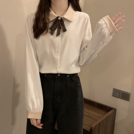 シャツ ブラウス リボンタイ パフスリーブ ルーズ 長袖 レトロ 韓国ファッション レディース 大人可愛い ガーリー DTC-659642910608