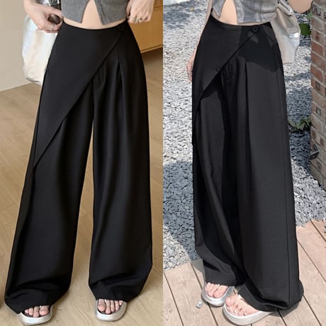 アシンメトリー モップパンツ ワイドパンツ タック ドレープ ハイウエスト ルーズ レトロ 韓国ファッション レディース 大人可愛い ガーリー DTC-778588912089
