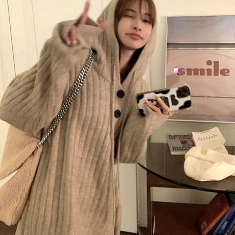 フード付き ニットセーター ハーフボタン ニットパーカー ミディアム丈 ニット ゆったり 長袖 韓国ファッション レディース カジュアル 大人可愛い ガーリー DTC-661225909615