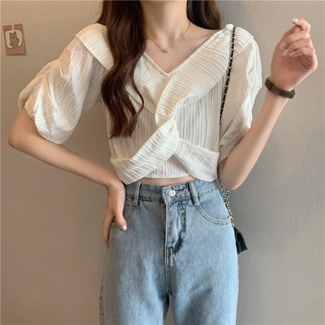 2way ブラウス Vネック オフショルダー 半袖 薄手 無地 韓国ファッション レディース トップス 大人可愛い ガーリー DTC-650101350711