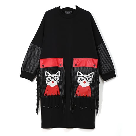 タッセル付き ワンピース 韓国ファッション レディース 大きなポケット ネコ 猫 長袖 膝丈 レトロ 秋 冬 (DTC-601271037757)
