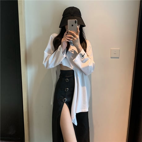 2点セット 不規則 Tシャツ 長袖 ＋ ロングスカート スリット バックル 韓国ファッション レディース セットアップ Tシャツ スカート 大人可愛い ガーリー DTC-626234293153