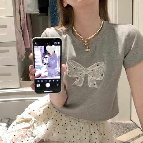 Tシャツ 刺繍リボン ショート丈 半袖 スリムフィット クルーネック シンプル レトロ 大人可愛い ガーリー カジュアル フェミニン DTCA-798676186291