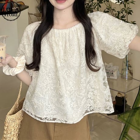 レース ブラウス 2way オフショルダー パフスリーブ 半袖 透かしレース レトロ 韓国ファッション レディース 大人可愛い ガーリー DTC-675096222858