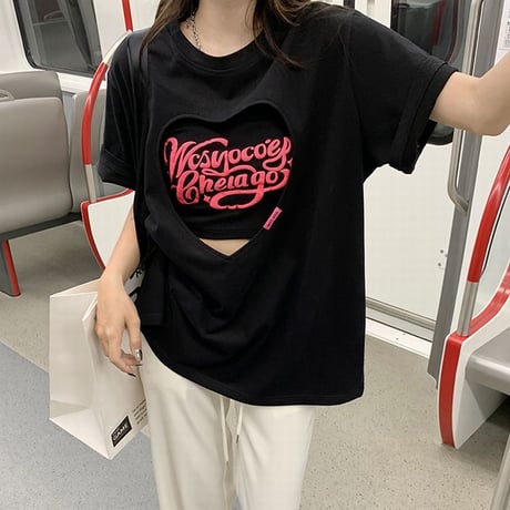 【2カラー】 セット商品 ハートカット Tシャツ 半袖 チューブトップ ゆったり ルーズ 韓国ファッション レディース 大人可愛い ガーリー カジュアル DTC-677839893584