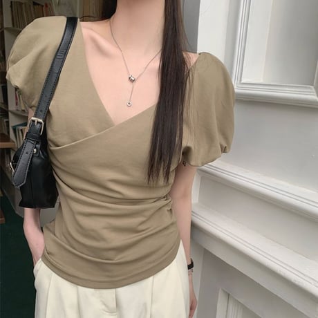 Tシャツ クロスデザイン Vネック パフスリーブ 薄手 半袖 レトロ 韓国ファッション レディース 大人可愛い ガーリー DTC-715100887328