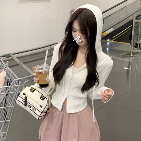 ダブルジップ パーカー ショート丈 トップス スリムフィット 長袖 レトロ 韓国ファッション レディース 大人可愛い ガーリー カジュアル DTC-763175238530