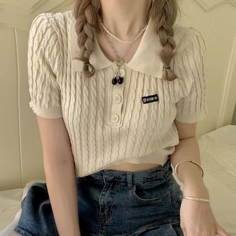 【2カラー】 サマーニット ポロカラー Tシャツ ケーブル編み ショート丈 ポロシャツ 半袖 レトロ 韓国ファッション レディース 大人可愛い ガーリー カジュアル DTC-646667312344