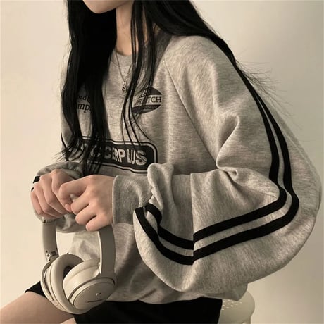 トレーナー スウェット サイドライン ロゴ トップス クルーネック ルーズ ゆったり 長袖 レトロ 大人可愛い ガーリー カジュアル DTCA-843593634855