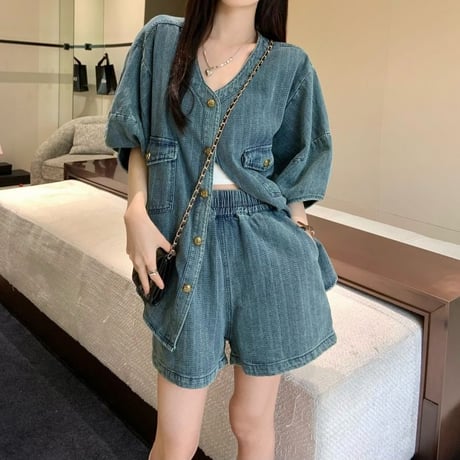 セットアップ デニム ノーカラージャケット ショートパンツ 半袖 ハイウエスト レトロ 韓国ファッション レディース 大人可愛い ガーリー カジュアル DTC-709104321762