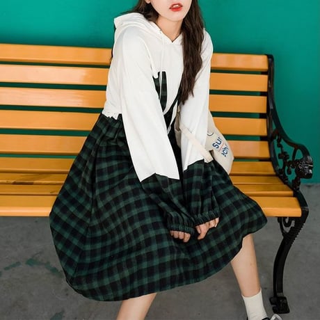 チェック柄 ワンピース 韓国ファッション レディース フェイクレイヤード フード ランタンスリーブ ウエストゴム ひざ丈 シンプル 春 秋 韓国 (DTC-587950595372)
