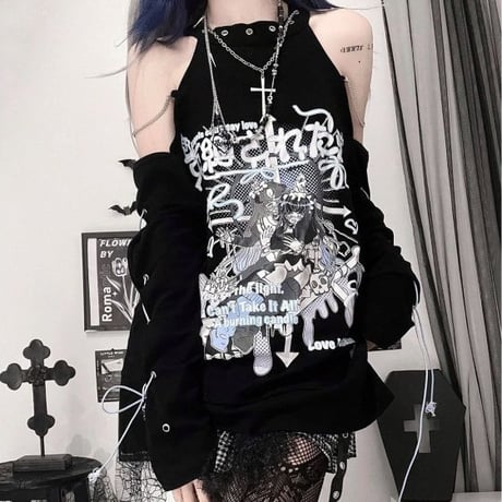 オフショルダー Tシャツ クロスネックレス付き オープンショルダー 肩出し トップス ルーズ 長袖 Y2K サブカル系 レトロ 韓国ファッション レディース DTC-743879828023