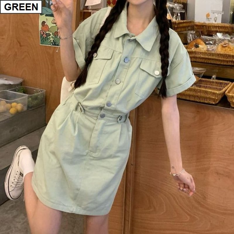 ミリタリー風 デニム ワンピース ウエストマーク ミニ丈 半袖 ミリタリー風 デニム ワンピース ウエストマーク ミニ丈 半袖