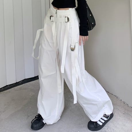 パラシュートパンツ ストラップ ワイドパンツ ストレート パンツ ボトムス ルーズ ハイウエスト レトロ 韓国ファッション レディース 大人可愛い ガーリー DTC-774308250519