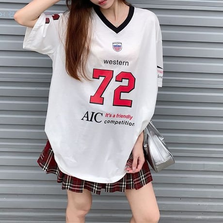 Tシャツ ユニフォーム風 Vネック オーバーサイズ トップス ビッグシルエット 半袖 レトロ 韓国ファッション レディース 大人可愛い ガーリー スポーツミックス DTC-802799667904