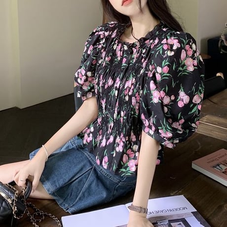 花柄 ブラウス パフスリーブ プリーツ フロントボタン ランタンスリーブ レトロ 韓国ファッション レディース 大人可愛い ガーリー DTC-711648740557